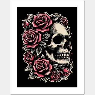 gothic skull with roses Posters and Art